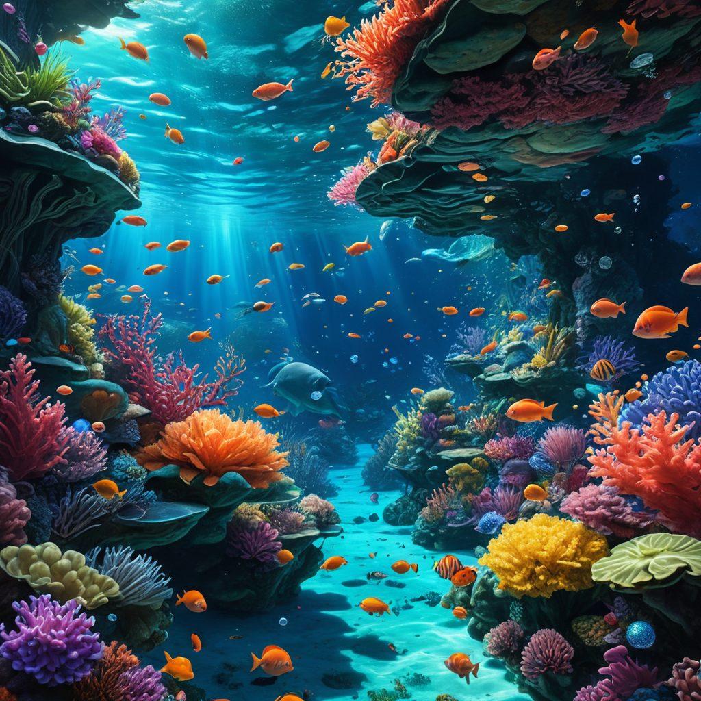 A vibrant, colorful exploration of anime and manga culture, featuring a fantastical underwater setting with eclectic sea creatures inspired by hentai aesthetics. Incorporate playful characters in dynamic poses, surrounded by whimsical coral reefs and bubbles, with elements of adult entertainment subtly integrated. The scene should evoke a sense of adventure and intrigue, inviting viewers to dive deeper into this artistic world. super-realistic. vibrant colors. 3D.